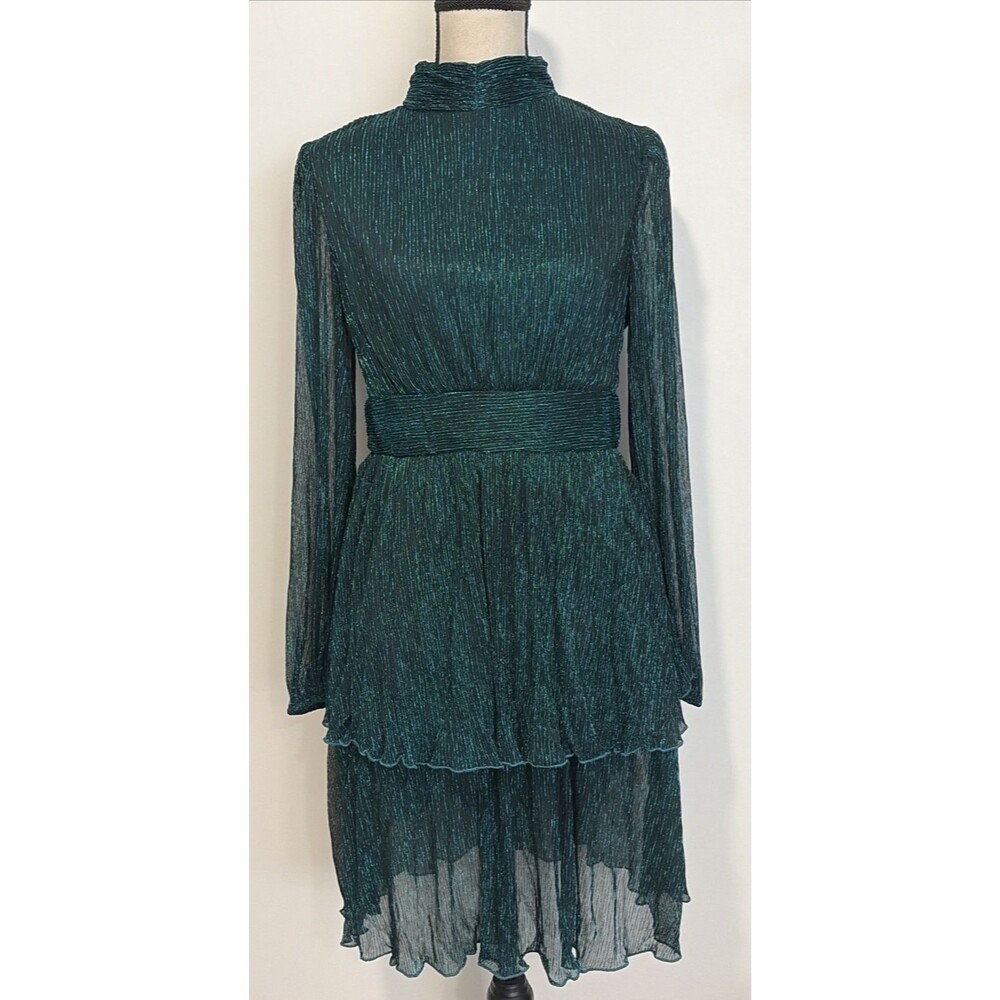 JJ's House Dress Green Long Sheer Sleeves High Neck Size Large